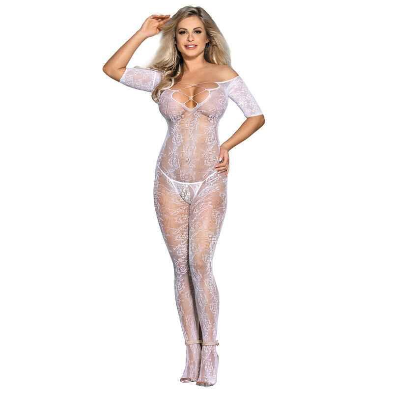 SUBBLIME - 951818 NETZ-BODYSTOCKING OHNE SCHRITT MIT WEISSEM ROSENMUSTER EINE GRÖSSE - Vanelion Paradise