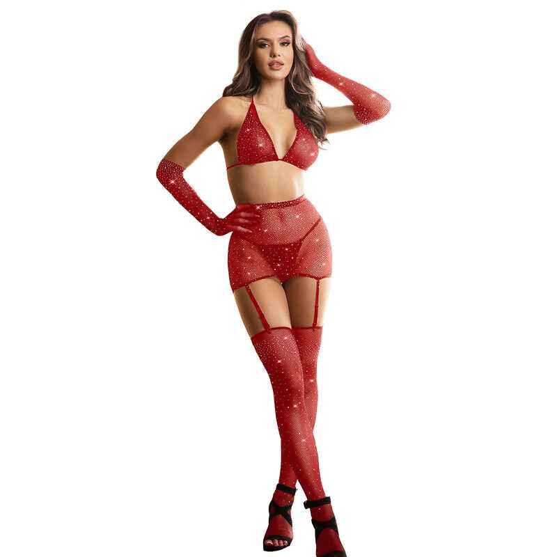 SUBBLIME - 952181 NETZ-BODYSTOCKING MIT HANDSCHUHEN UND DIAMANTEN ROT EINE GRÖSSE - Vanelion Paradise
