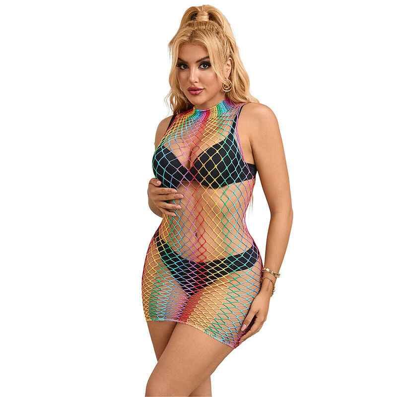 SUBBLIME - 952433 RAINBOW HOHER KRAGEN RMELLOSER NETZ KLEID EINE GRÖSSE - Vanelion Paradise