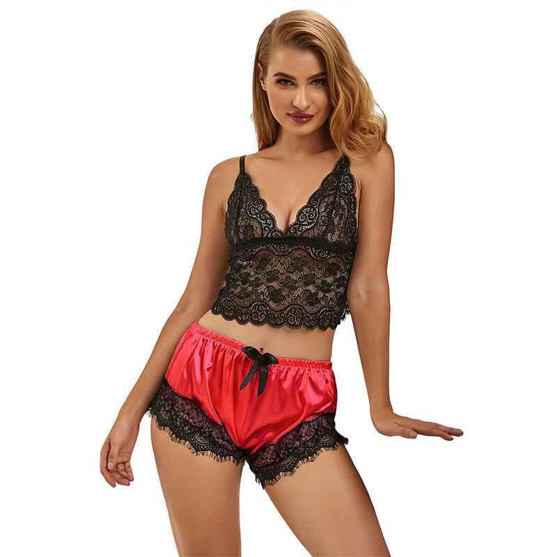 SUBBLIME - 953966 LÄSSIGE SEIDE NACHTHEMD + SPITZENHOSE SCHWARZ/ROT L/XL - Vanelion Paradise