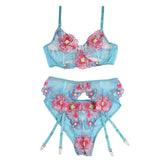 SUBBLIME - 954116 BH + HÖSCHEN MIT STRUMPFGÜRTEL BLUMENDESIGN BLAU L/XL - Vanelion Paradise