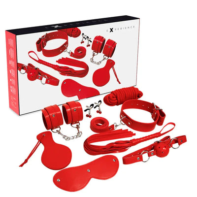Rotes mehrteiliges Bondage-Set mit Fesseln und Maske