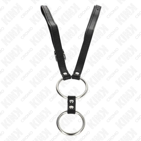 Doppelter BDSM-Penisring aus Metall mit Ledergurt