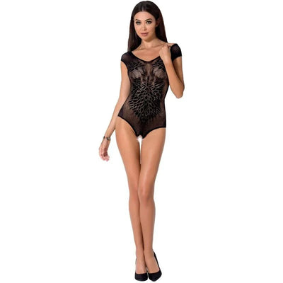 Schwarzes Bodystocking aus Netz und Spitze mit Schrittöffnung