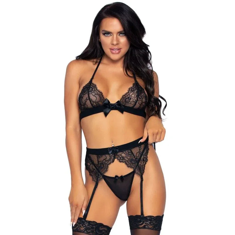 LEG AVENUE - DREITEILIGES SET AUS OBERTEIL, STRUMPFGÜRTEL UND G-STRING - Vanelion Paradise