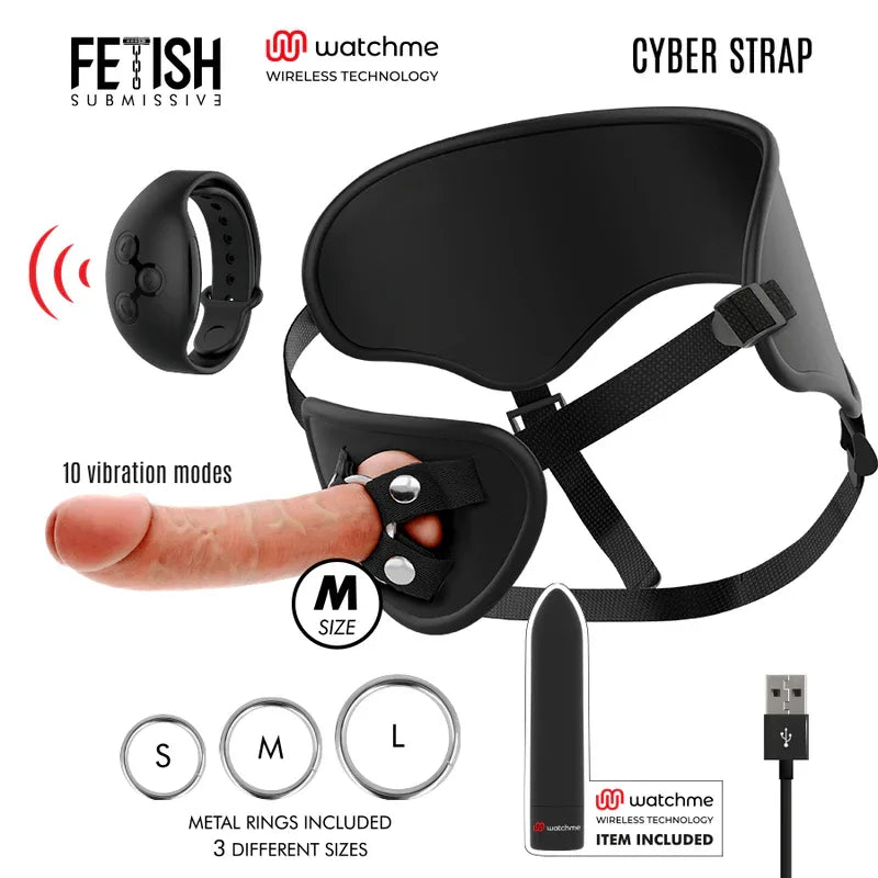 FETISH SUBMISSIVE CYBER STRAP - HARNESS MIT DILDO- UND BULLET-FERNBEDIENUNGS-WATCHME-M-TECHNOLOGIE - Vanelion Paradise