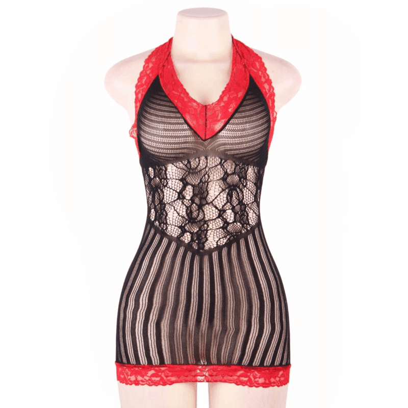 QUEEN LINGERIE - SCHWARZES UND ROTES GEHKELTES CHEMISE S/L - Vanelion Paradise