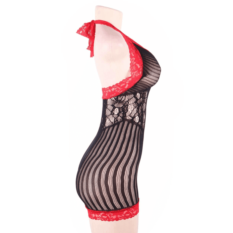 QUEEN LINGERIE - SCHWARZES UND ROTES GEHKELTES CHEMISE S/L - Vanelion Paradise
