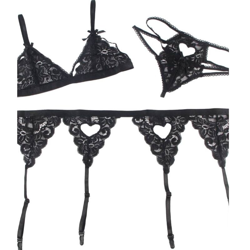 Subblime Dessous-Set mit BH, Strapsgürtel & String – Schwarz L/XL