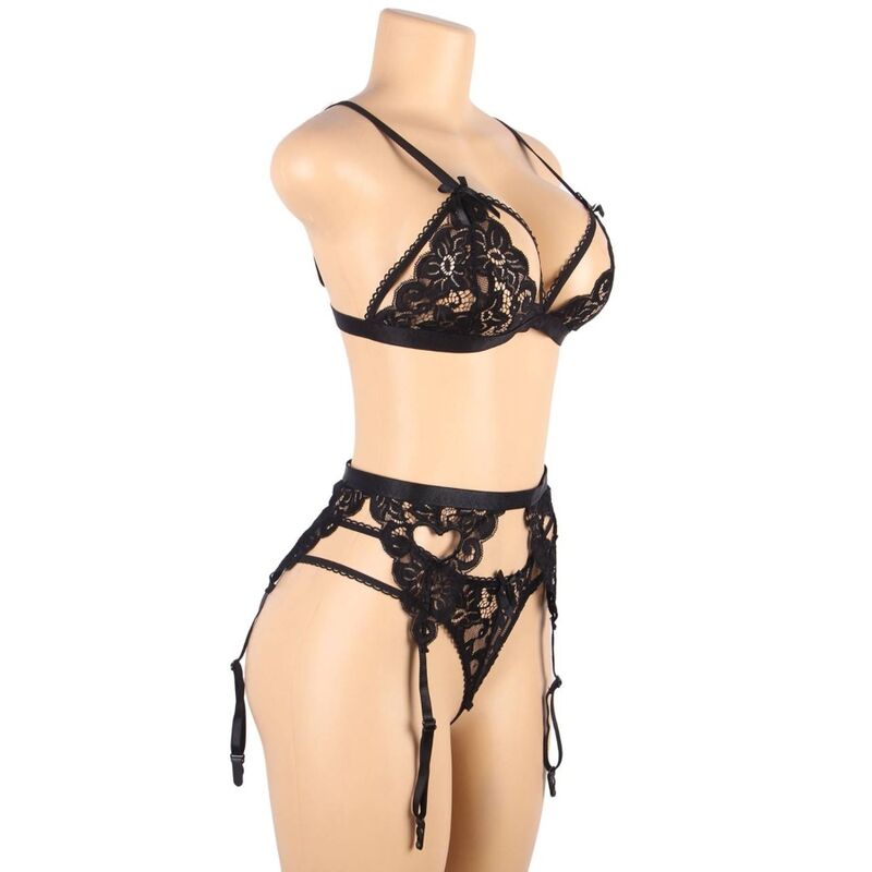 Subblime Dessous-Set mit BH, Strapsgürtel & String – Schwarz L/XL
