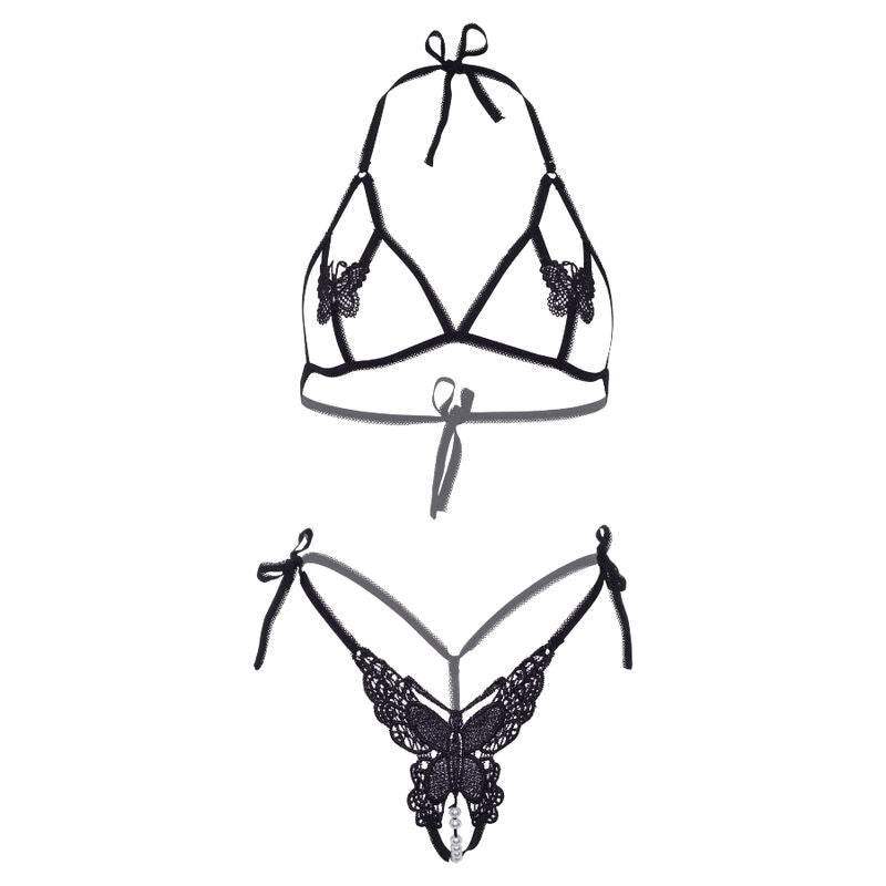 LEG AVENUE - ZWEITEILIGES SET BH UND HÖSCHE VON BUTTERFLIES & PEARLS, EINE GRÖSSE - SCHWARZ - Vanelion Paradise