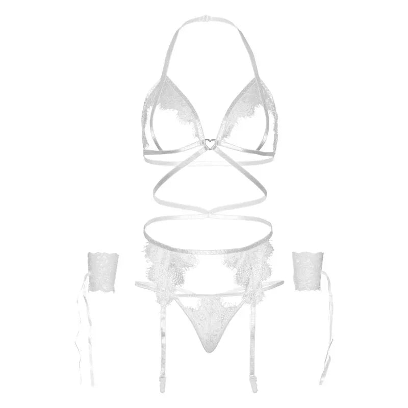 LEG AVENUE - VIERTEILIGES SET BH, G-STRING, STRUMPFGÜRTEL UND HANDGELENKMANSCHETTEN - Vanelion Paradise