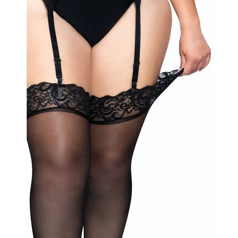 LEG AVENUE - OUTLET - SCHWARZE NYLONSTRÜMPFE MIT SPITZENABSCHLUSS PLUS - Vanelion Paradise