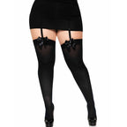 LEG AVENUE - HOHE OBERSCHENKEL AUS SCHWARZEM NYLON MIT SCHWARZER SCHLEIFE, GROßE GRÖSSE