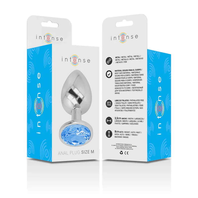 INTENSE - ANALPLUG AUS ALUMINIUMMETALL MIT BLAUEM GLAS, GRÖSSE M - Vanelion Paradise