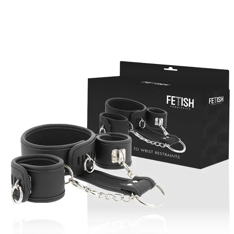 FETISH SUBMISSIVE - HALSKETTE UND HANDSCHELLEN AUS VEGANEM LEDER MIT NEOPREN-FUTTER - Vanelion Paradise