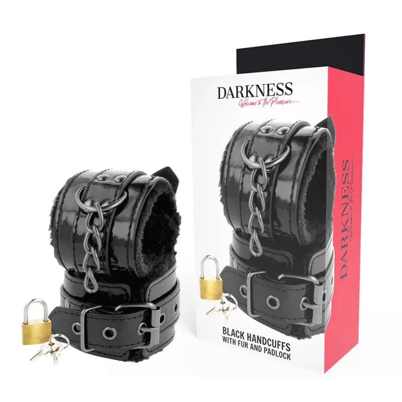 DARKNESS - SCHWARZE, VERSTELLBARE LEDERHANDSCHELLEN MIT VORHÄNGESCHLOSS - Vanelion Paradise