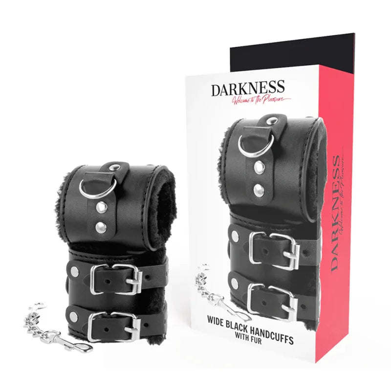 DARKNESS - SCHWARZE, VERSTELLBARE LEDERHANDSCHELLEN MIT FUTTER - Vanelion Paradise