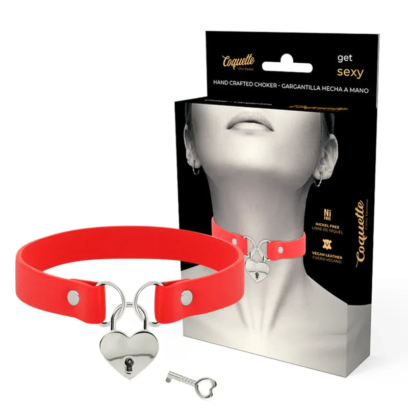COQUETTE CHIC DESIRE - ROTE HALSKETTE AUS VEGANEM LEDER MIT HERZ-ACCESSOIRE MIT SCHLÜSSEL - Vanelion Paradise