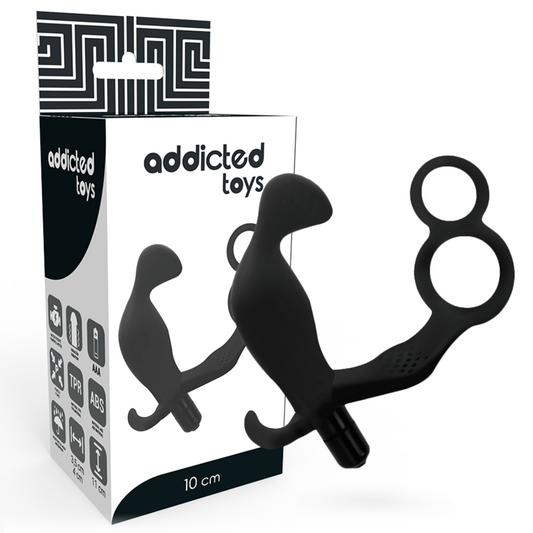 ADDICTED TOYS - ANALPLUG MIT DOPPELTEM PENISRING UND HODEN SCHWARZ