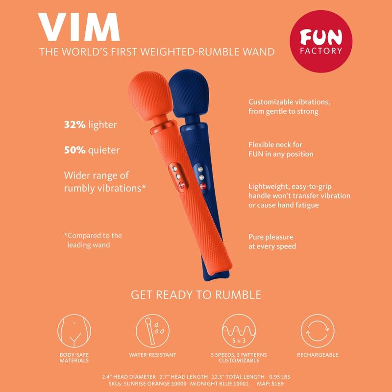 FUN FACTORY - VIM SILIKON WIEDERAUFLADBARER, VIBRIERENDER, GEWICHTETER RUMBLE WAND MITTERNACHTSBLAU