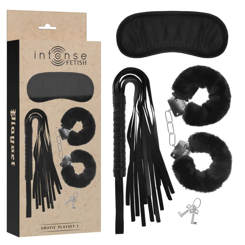 INTENSE - FETISH EROTIKSPIELSET 1 MIT HANDSCHELLEN, BLINDMASKE UND PEITSCHE - Vanelion Paradise