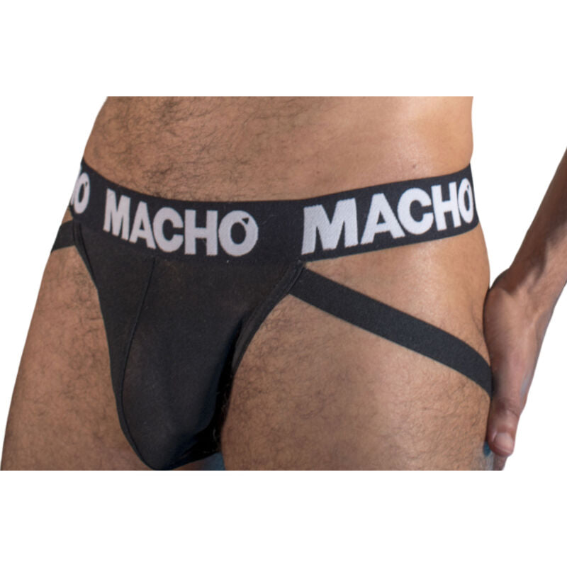 Macho MX25NN Transparenter Jockstrap Schwarz L, seitliche Ansicht am Model