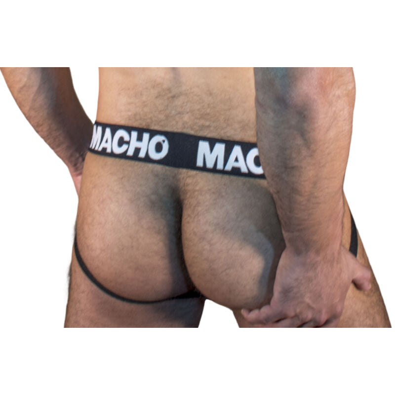 Macho MX25NN Transparenter Jockstrap Schwarz XL, Rückansicht mit offenen Gesäßbändern am Model