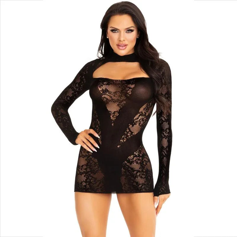 LEG AVENUE - MINIKLEID MIT SPITZE LANGARM SCHWARZ - Vanelion Paradise