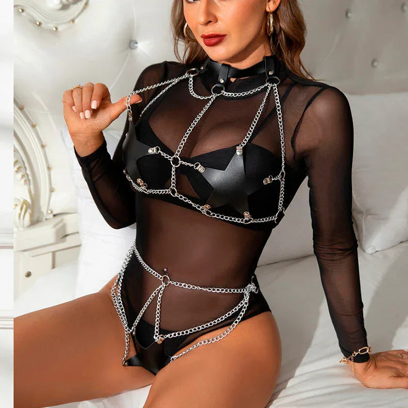 Subblime Ganzkörper-Harness mit Sternketten, Leder – One Size, Schwarz - Vanelion Paradise