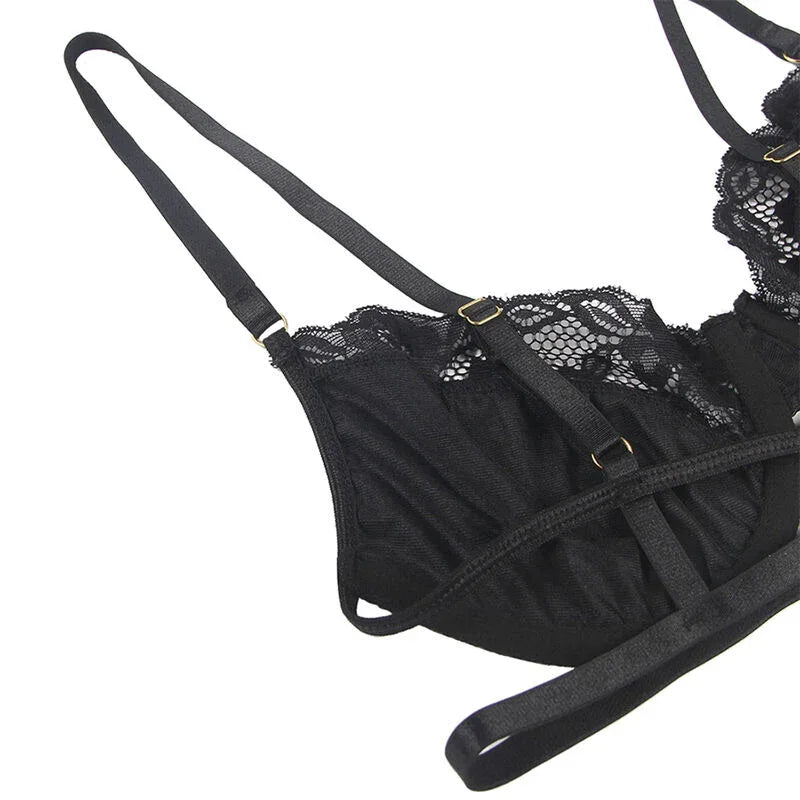 SUBBLIME Spitzen-Set Schwarz (S/M) – BH, String & Strumpfband - Vanelion Paradise