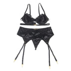 SUBBLIME - 3-TEILIGES SET BH + STRING + STRUMPFBAND AUS SPITZE SCHWARZ L/XL