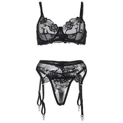 SUBBLIME - 3-TEILIGES SET BH + STRING + STRUMPFBAND BLUMENPRINT SCHWARZ S/M