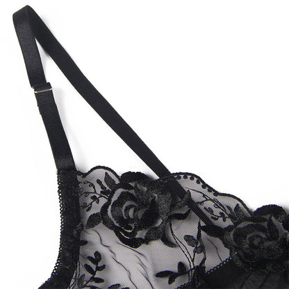 SUBBLIME - 3-TEILIGES SET BH + STRING + STRUMPFBAND BLUMENPRINT SCHWARZ S/M