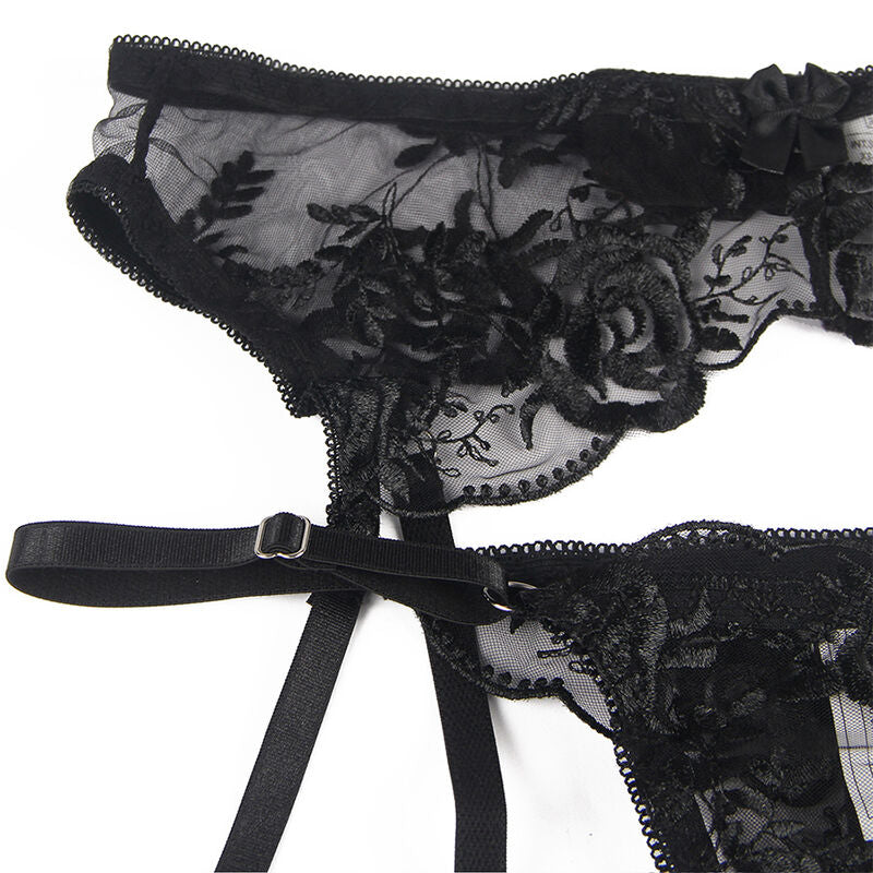 SUBBLIME - 3-TEILIGES SET BH + STRING + STRUMPFBAND BLUMENPRINT SCHWARZ S/M