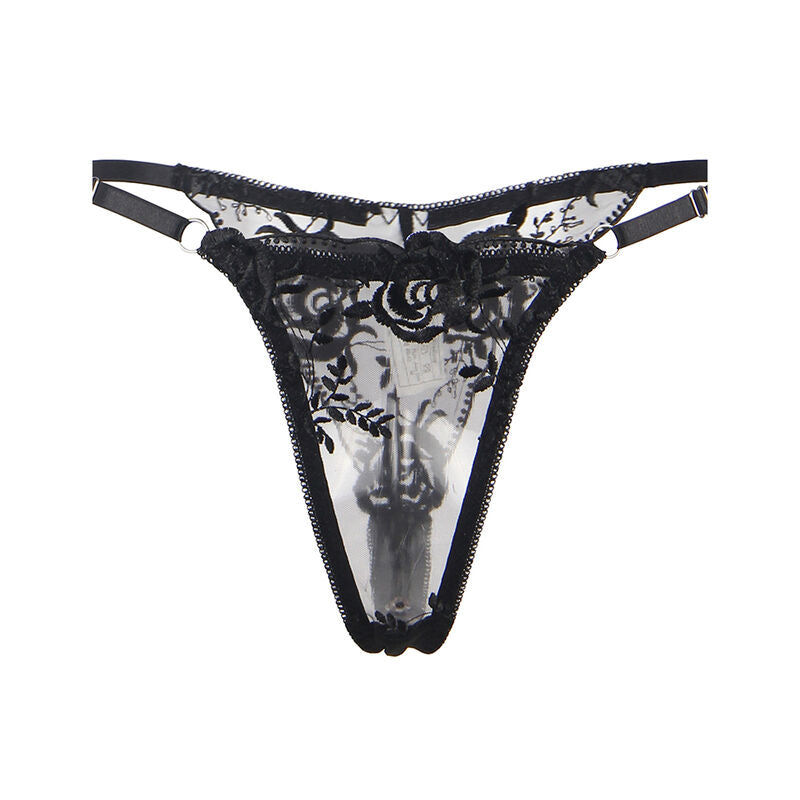 SUBBLIME - 3-TEILIGES SET BH + STRING + STRUMPFBAND BLUMENPRINT SCHWARZ L/XL