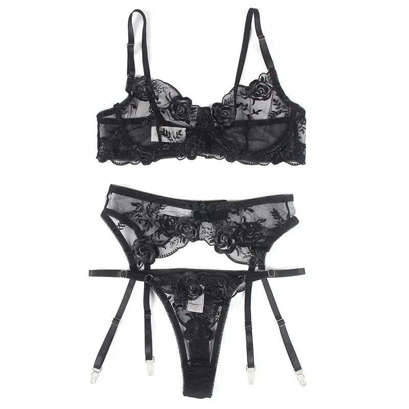 SUBBLIME Dessous-Set 3-teilig: BH, Tanga & Strumpfband S/M - Vanelion Paradise