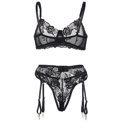 SUBBLIME - 3-TEILIGES SET BH + STRING + STRUMPFBAND BLUMENPRINT SCHWARZ S/M