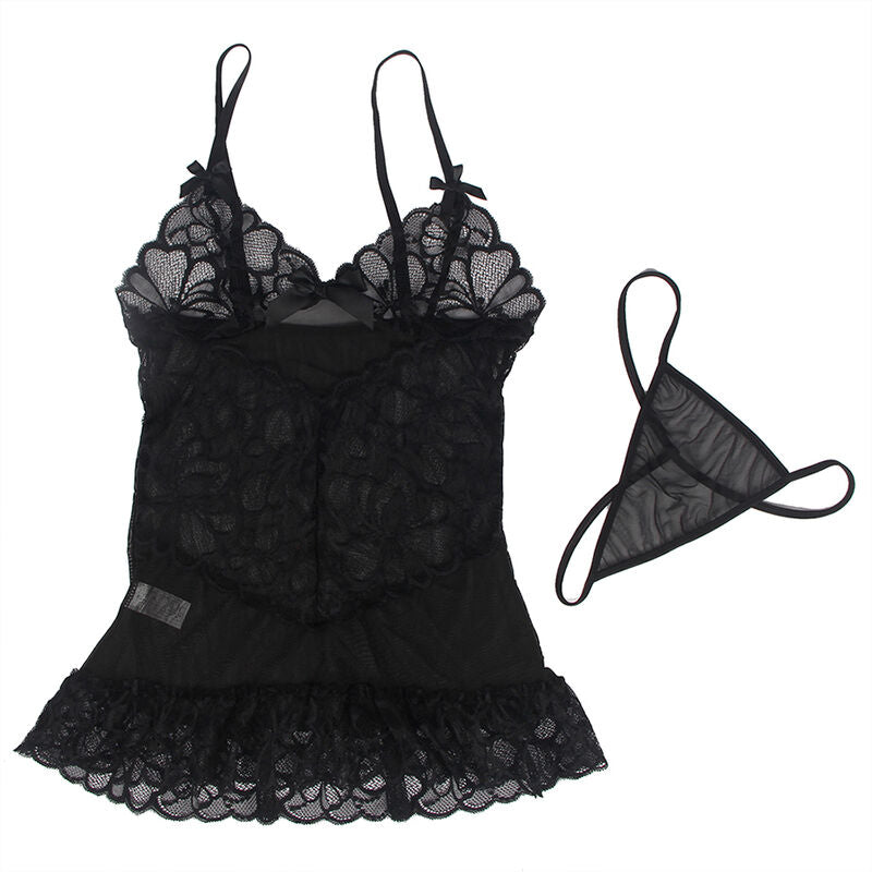 SUBBLIME - BABYDOLL MIT VERSTELLBAREN TRGERN UND TRANSPARENTER SPITZE MIT BLUMENDRUCK SCHWARZ S/M