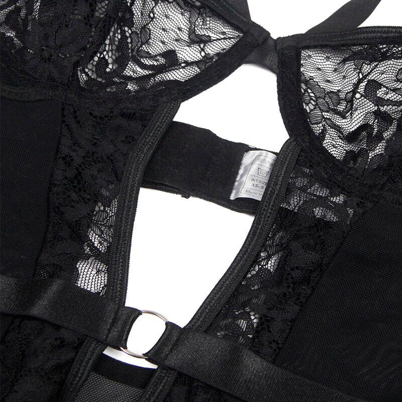SUBBLIME - TEDDY MIT STRUMPFBAND MIT SPITZENDETAIL UND STREIFEN SCHWARZ S/M - Vanelion Paradise