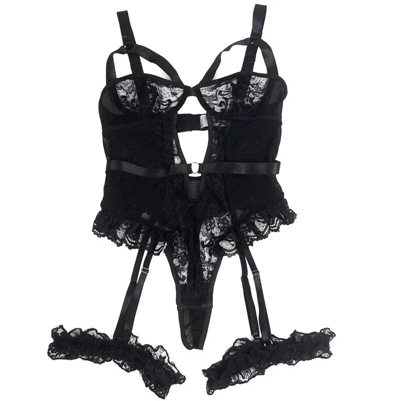 SUBBLIME - TEDDY MIT STRUMPFBAND MIT SPITZENDETAIL UND STREIFEN SCHWARZ S/M - Vanelion Paradise