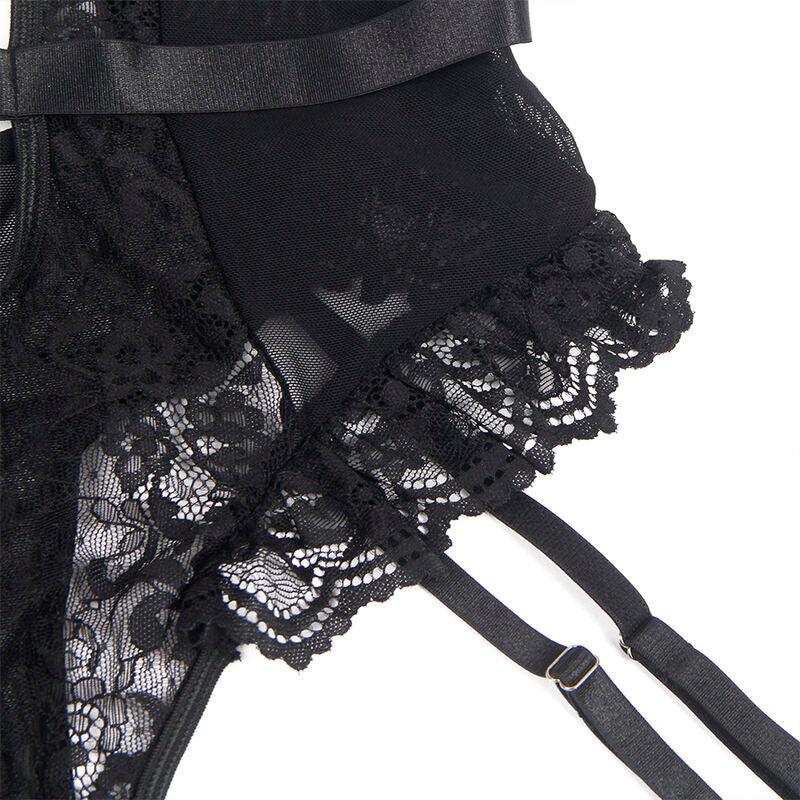 SUBBLIME - TEDDY MIT STRUMPFBAND MIT SPITZENDETAIL UND STREIFEN SCHWARZ S/M - Vanelion Paradise