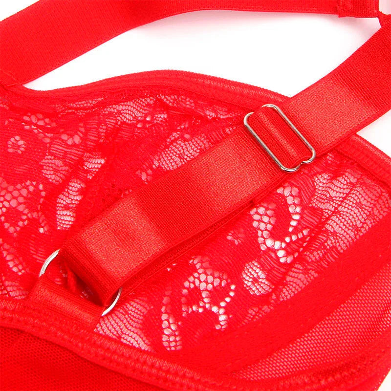 SUBBLIME - TEDDY MIT STRUMPFBAND MIT SPITZENDETAIL UND STREIFEN ROT S/M - Vanelion Paradise