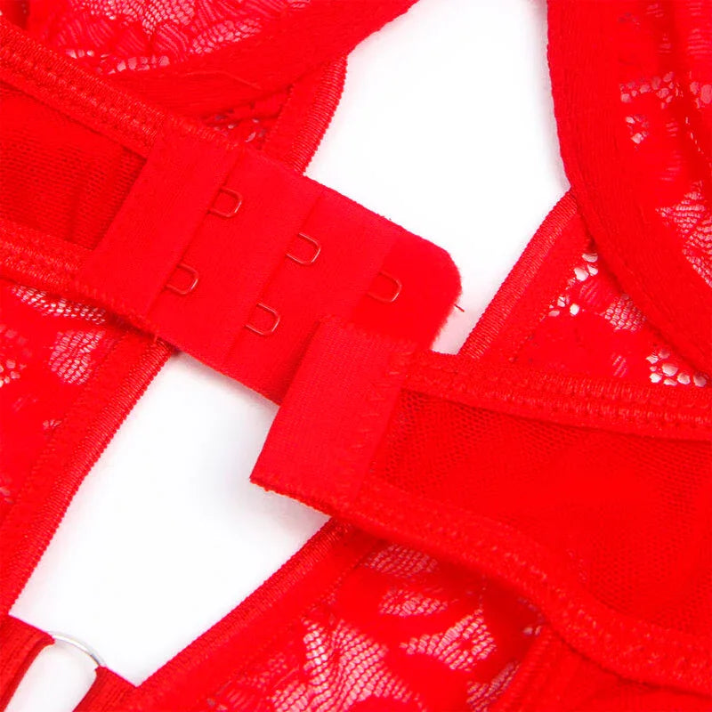 SUBBLIME - TEDDY MIT STRUMPFBAND MIT SPITZENDETAIL UND STREIFEN ROT S/M - Vanelion Paradise