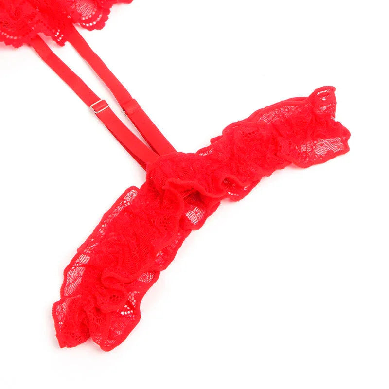 SUBBLIME - TEDDY MIT STRUMPFBAND MIT SPITZENDETAIL UND STREIFEN ROT S/M - Vanelion Paradise