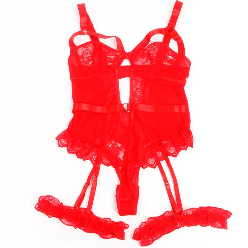 SUBBLIME - TEDDY MIT STRUMPFBAND MIT SPITZENDETAIL UND STREIFEN ROT S/M - Vanelion Paradise