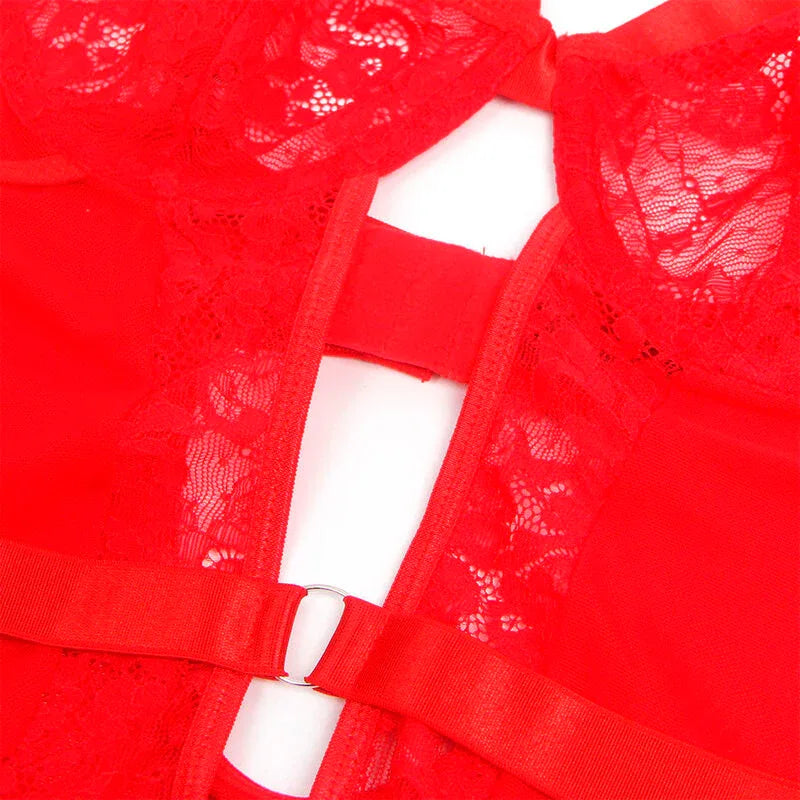 SUBBLIME - TEDDY MIT STRUMPFBAND MIT SPITZENDETAIL UND STREIFEN ROT S/M - Vanelion Paradise