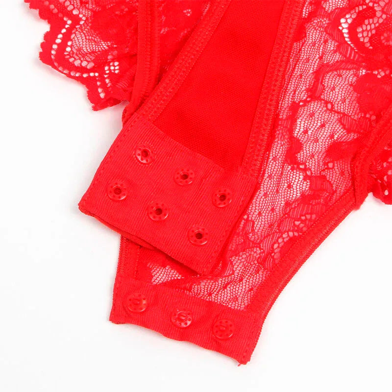 SUBBLIME - TEDDY MIT STRUMPFBAND MIT SPITZENDETAIL UND STREIFEN ROT S/M - Vanelion Paradise