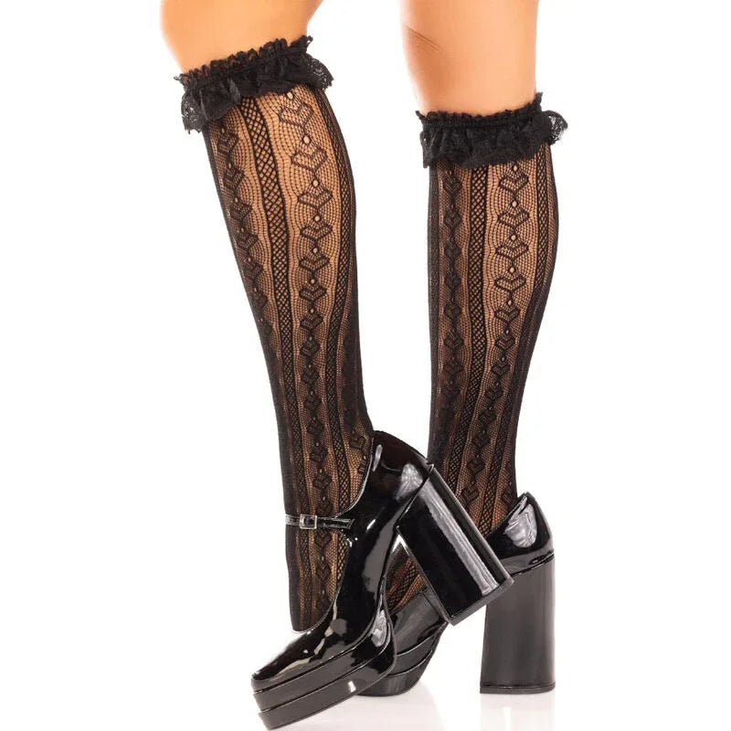 LEG AVENUE - KNIESTRÜMPFE MIT RÜSCHEN SCHWARZ - Vanelion Paradise
