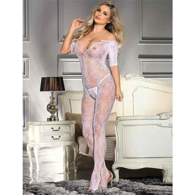 SUBBLIME - 951818 NETZ-BODYSTOCKING OHNE SCHRITT MIT WEISSEM ROSENMUSTER EINE GRÖSSE - Vanelion Paradise